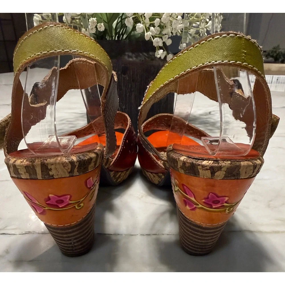 L'Artiste Spring Step Sharyn Leather Sandals Floral Hand Painted Boho Heel 39